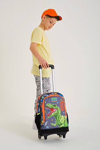 Coral High Kids Black Gray Dinosaur Patterned Three-Compartment School Backpack 23944