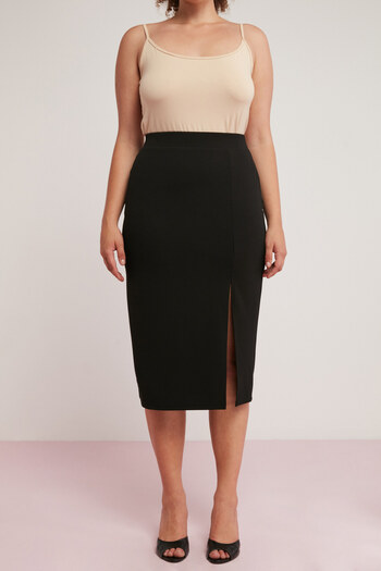 ETHIQUET Sasha Women's Knitted Crepe Interlock Body-Sitting Slit Detailed Midi Length Pencil Black Large Size Skirt