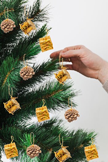 PEKSHOP 12-Piece Gold Pinecone Gift Package Drum Shaped Tiny 3cm Christmas Tree Ornaments