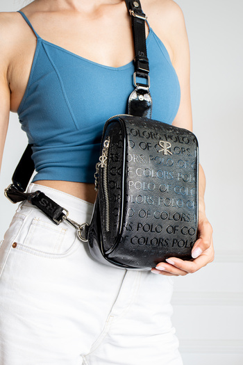 ImPolo Black Patent Leather Printed Impolo Lilyan Women's Bag - Waist and Cross Skirt, Size 25x16
