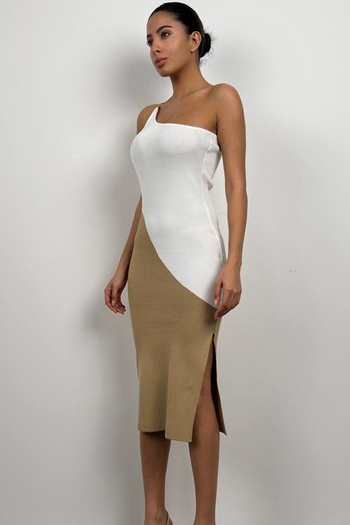 bayansepeti White Beige Double Colored Slit Detailed Knitwear Dress 23S25025