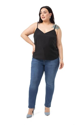 DISENTIS MODEST Plus Size Adjustable Thin Strap V-Neck Black Blouse