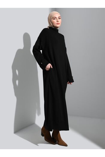 Refka Turtleneck Sleeve Folded Knitwear Hijab Dress - Black - Refka