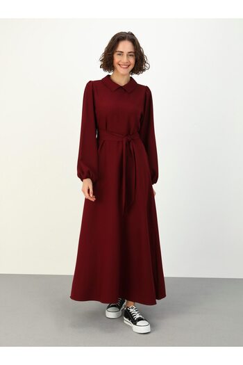 Benin Aerobin Shirt Collar Belted Hijab Dress - Claret Red - Benin