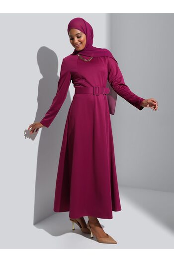 Refka Covered Belted Hijab Dress - Cherry - Refka
