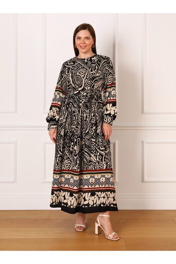 ALİA Shawl Patterned Plus Size Viscose Dress - Black Beige - Alia