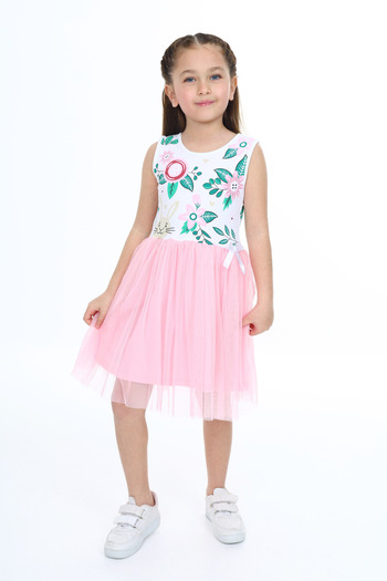 e-çocuk Flower Printed Girl's Tulle Dress - 303520