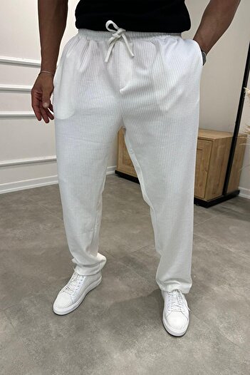 MADZEYMODA Baggy Fit Loose Fit Men's White Ribbed Jogger