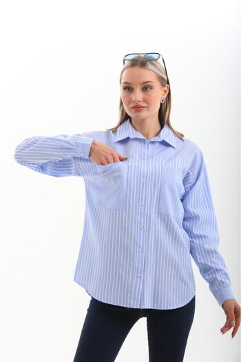 Lusin Cămașă oversize cu mânecă lungă cu dungi albastre de calitate premium pentru femei
