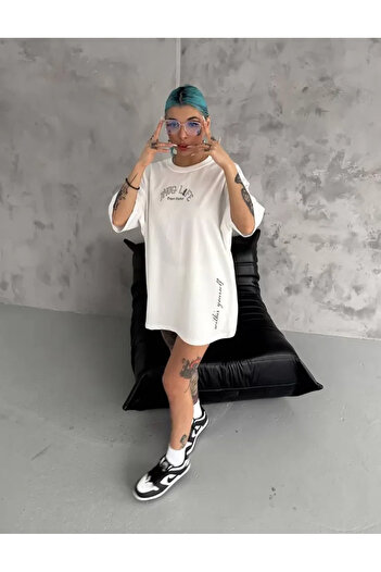 Genel Markalar Unisex Baskılı Oversize T-Shirt - Beyaz