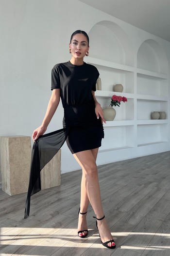 Seda Yalçın Atelier Μαύρο Premium Tulle Λεπτομερές T-shirt Φόρεμα