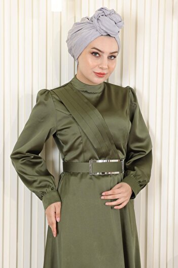 Modamihram Draped Satin Evening Dress Khaki 19192
