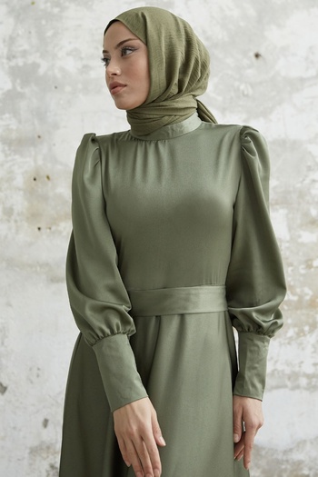InStyle Sleeve Zippered Satin Dress - Khaki
