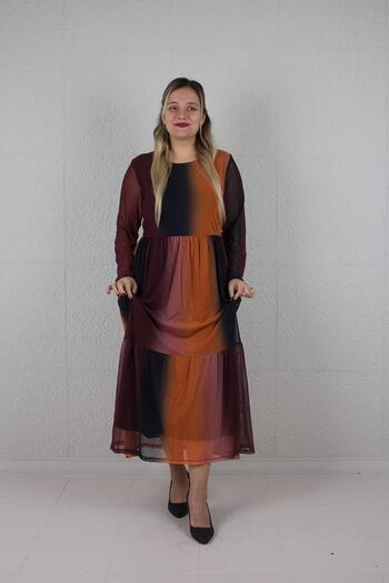 Truva XXL Colorful Tulle Sleeve and Lined Chiffon Plus Size Dress - El609