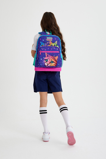 Coral High Kids Purple Pink Cat Patterned Four Compartment School Backpack 23732