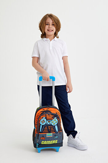 Coral High Kids Gray Orange Gamer Patterned Three Compartment School Backpack with Squeegee 23946