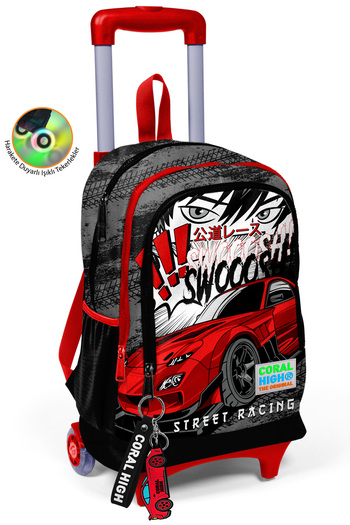 Coral High Kids Black Red Anime Car Patterned Three Compartment School Backpack 23947