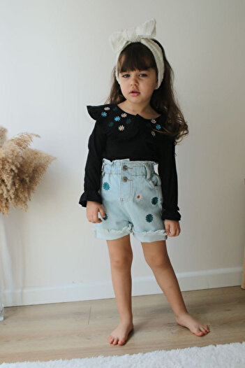 Tarz Çocuk Girl's Daisy Embroidery Denim Shorts Bady Style Set