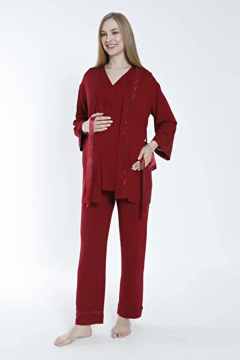 Miss Dünya Lissa Maternity and Maternity Pajamas Set with Lace Detail and Dressing Gown