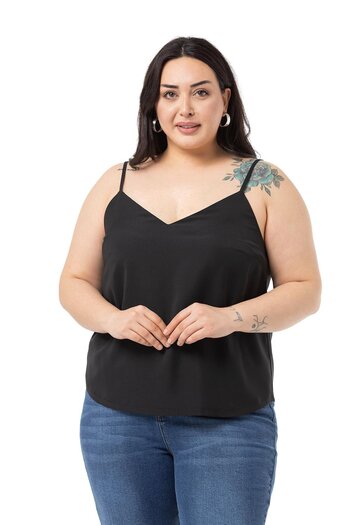 DISENTIS MODEST Plus Size Adjustable Thin Strap V-Neck Black Blouse