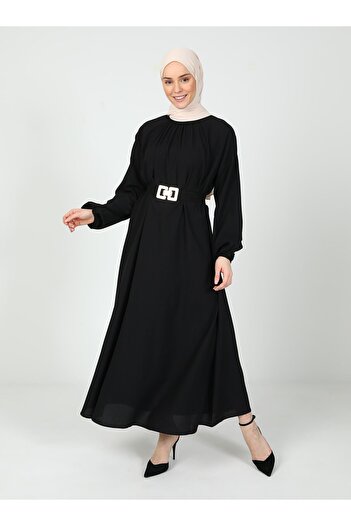 Tavin Belt Detailed Hijab Dress - Black - Tavin