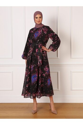 Refka Floral Patterned Balloon Sleeve Chiffon Hijab Dress - Black Flower Pattern - Refka