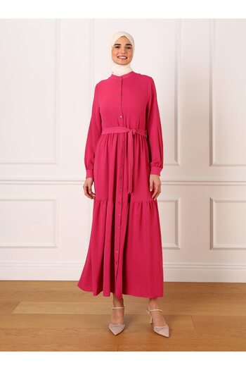 Refka Neck Buttoned Waist Belted Aerobin Hijab Dress - Fuchsia - Refka