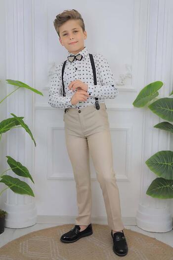 Riccotarz Boy's Patterned Shirt, Bow Tie and Suspender Cream Trousers Top and Bottom Set
