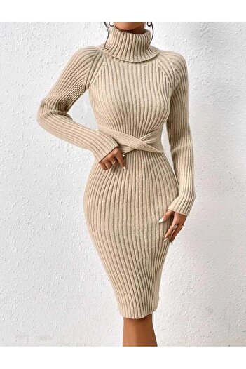 DRESSY CL Balıkçı Yaka Kurdale Detaylı Fitilli Model Uzun  Triko Elbise