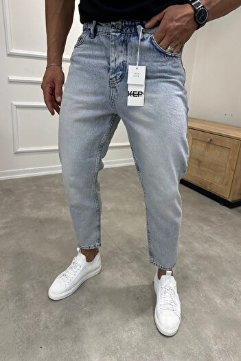 MADZEYMODA Boyfriend Kalıp Erkek Buz Mavi Jean Kot Pantolon