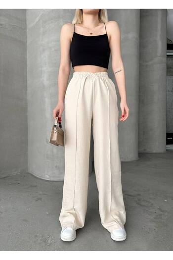 ÇEÇİM Loose Linen Trousers with Elastic Waist and Snap Detail - ZYN-58649