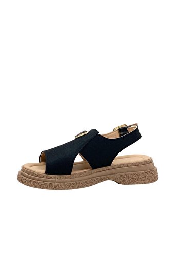 bescobel Women's Rada Black Linen Ankle Strap Sandals 4 Cm sn100