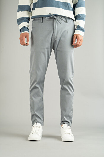 bombe Men's Gray Side Pocket Belted Elastic Laced Double Leg Slim Fit Jogger Trousers