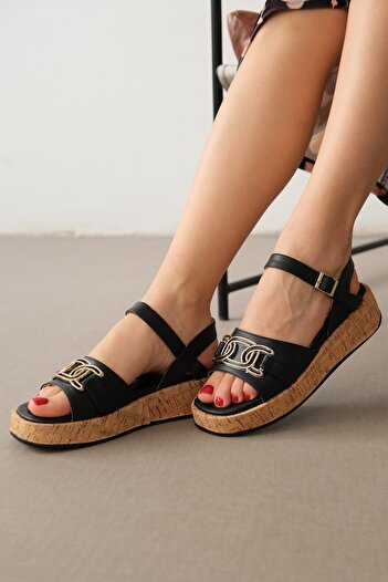 DİVOLYA Danzel Black Skin (4 CM Cork Sole) Daily Use Sandals