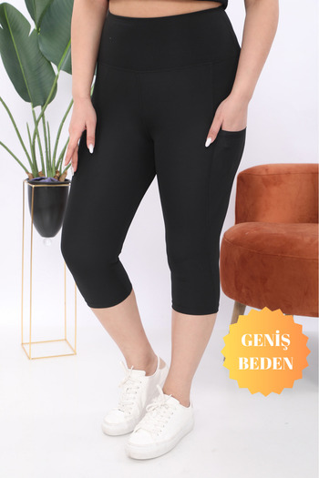 BANEGA Curve Women's Large Size Black High Waist Recovery Double Pocket Below the Knee Capri Leggings Capri