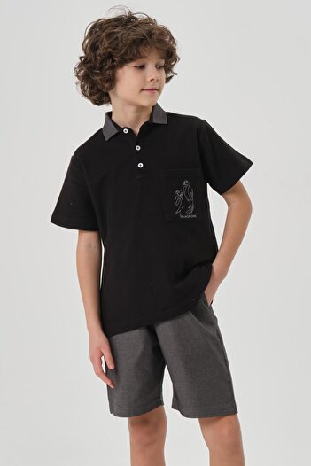 Black One Boy's Cotton Print Detailed Polo Neck T-Shirt Shorts Summer Bottom Top Set