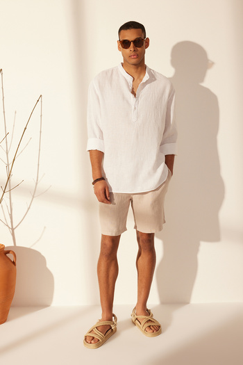 Trendyol Collection Premium White 100% Linen Oversize Judge Collar Half Placket Shirt Tmnss24Go00057