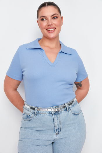Trendyol Curve Blue Polo Neck Bodysitting Ribbed Knitted Blouse Tbbss22Bz0750