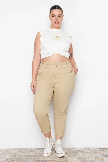 Trendyol Curve Beige High Waist Elastic Waist Mom Jeans TBBAW23CJ00037