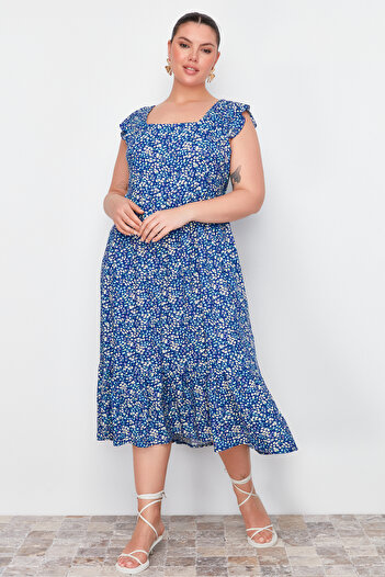 Trendyol Curve Navy Blue A-line Midi Ruffle Floral Print Woven Dress TBBSS24AH00169