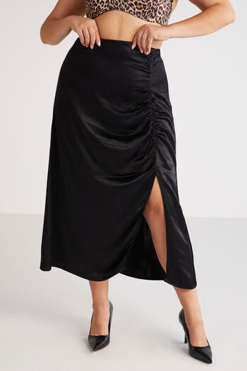 ETHIQUET Jena Women's Bubble Satin Look Drape Detailed Slit Midi Black Large Size Skirt