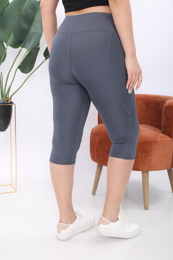BANEGA Curve Women's Large Size Anthracite High Waist Recovery Double Pocket Below the Knee Capri Leggings Capri