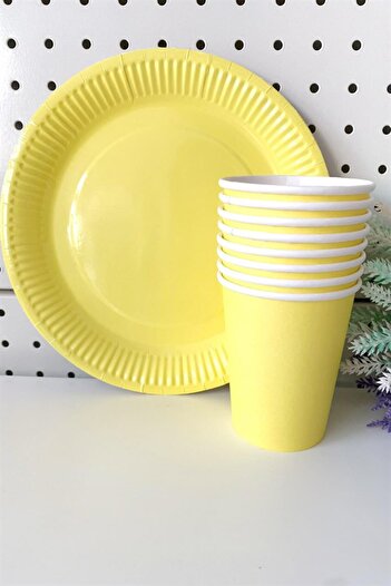 Partifabrik Sarı Makaron Pastel Karton Tabak Bardak Set 8 Li