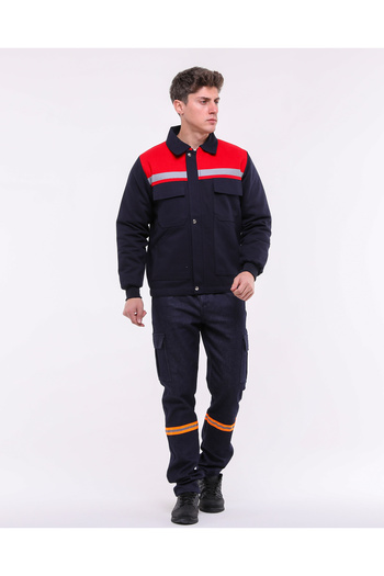 Çamdalı İş Elbiseleri Work Clothes with Pockets - Work Coat - Navy Blue Winter Worker's Coat with 7/7 Quilted Red Robe