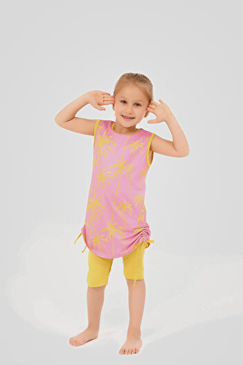 ALFASA Palm Tree Patterned - Side Gathered Zero Sleeve Children's Swimsuit