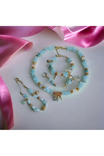 Denis Bujiteri Women's Necklace, Bracelet and Earrings Set in Blue Quartz Stones with Anklet Gift