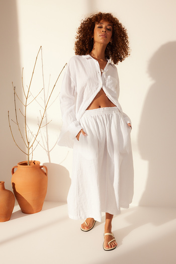 Trendyol Collection White 100% Linen Elastic Waist Midi Skirt TWOSS24ET00153