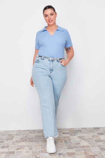 Trendyol Curve Blue Polo Neck Bodysitting Ribbed Knitted Blouse Tbbss22Bz0750