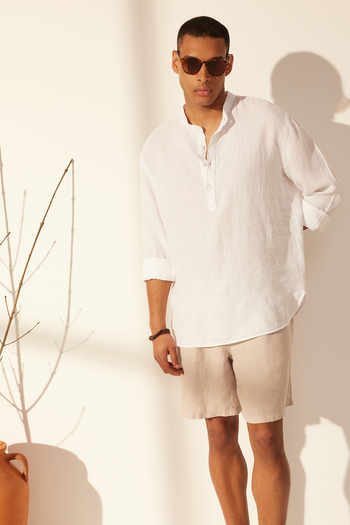 Trendyol Collection Premium White 100% Linen Oversize Judge Collar Half Placket Shirt Tmnss24Go00057
