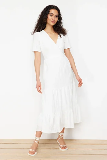 Trendyol Collection White Skirt Waist Open Double Breasted Collar Lining Maxi Woven Dress Twoss24El00693
